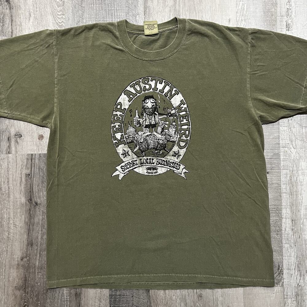 Vintage Keep Austin Weird Green Boozer Cartoon Logo Small Business T Shirt Sz L